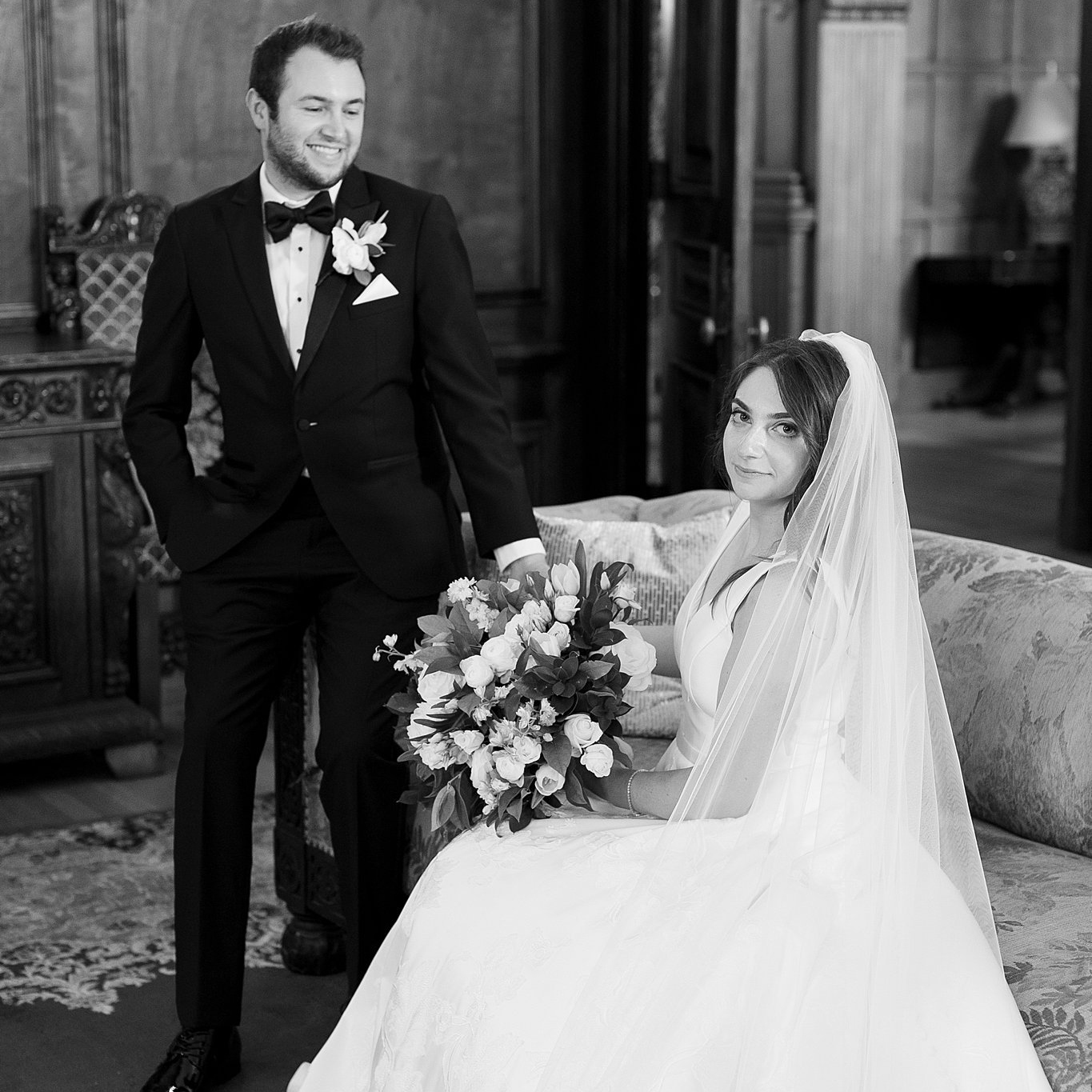 Bride and Groom sit in livingroom of Turner Hill on their wedding day. Deborah Zoe Photography Boston Wedding Photographer