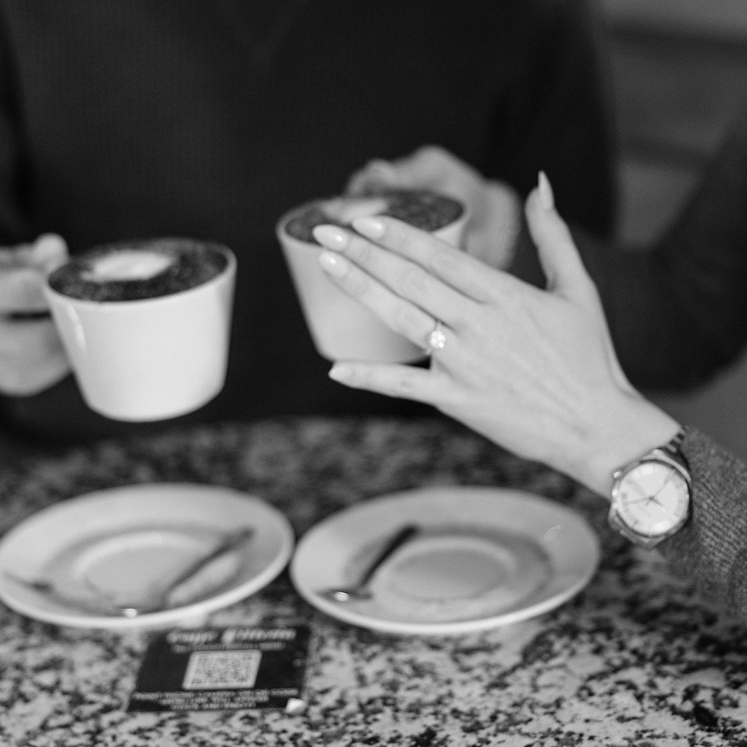 Close up black and white images of couple drinking coffee. Boston Wedding Deborah Zoe Photography