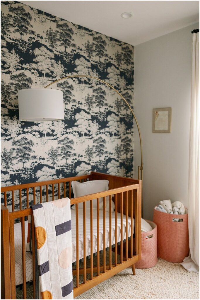 Patterned navy blue wallpaper in baby nursery with brown crib. Boston Newborn Session Deborah Zoe Photography.