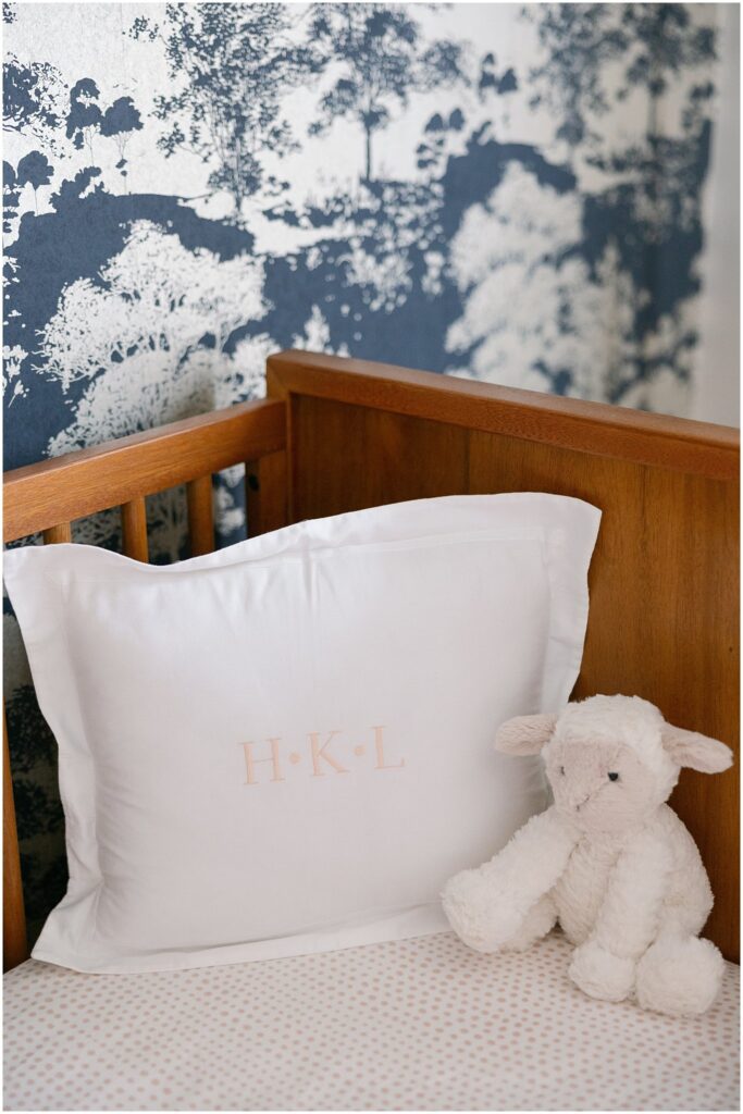 Monogrammed pillow in crib in baby nursery. Boston Newborn Session Deborah Zoe Photography.
