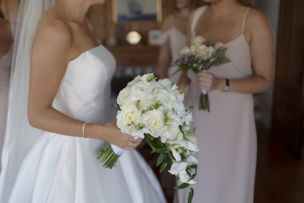 Close up detail of bride's bouquet. Coastal New England Wedding.