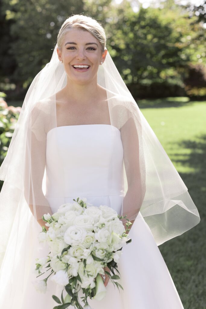 Smiling Bride for a bridal portrait. Coastal New England Wedding.