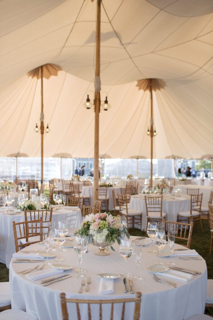 Reception details under Sperry tent. Coastal New England Wedding.