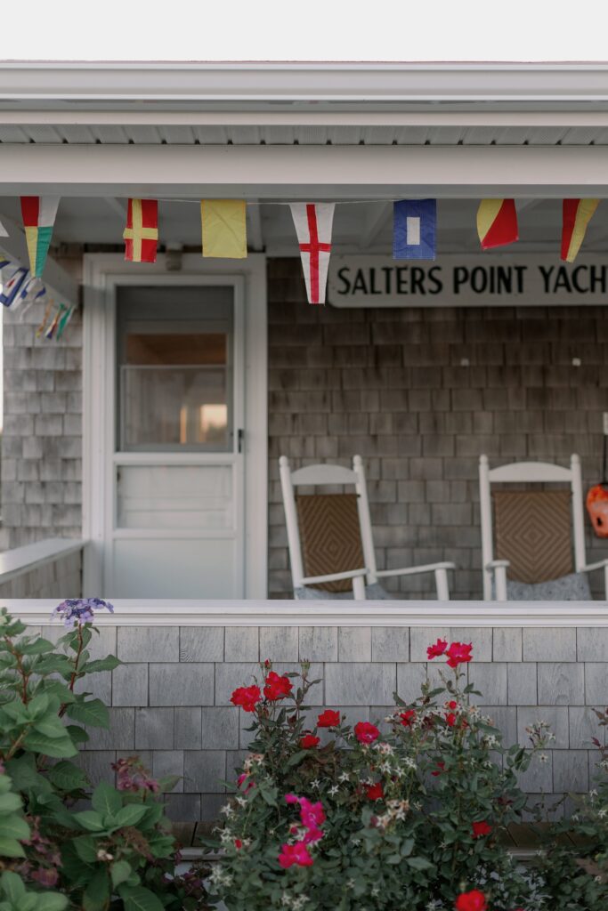 Close up of Salters Point Yacht club cottage. Coastal New England Wedding.